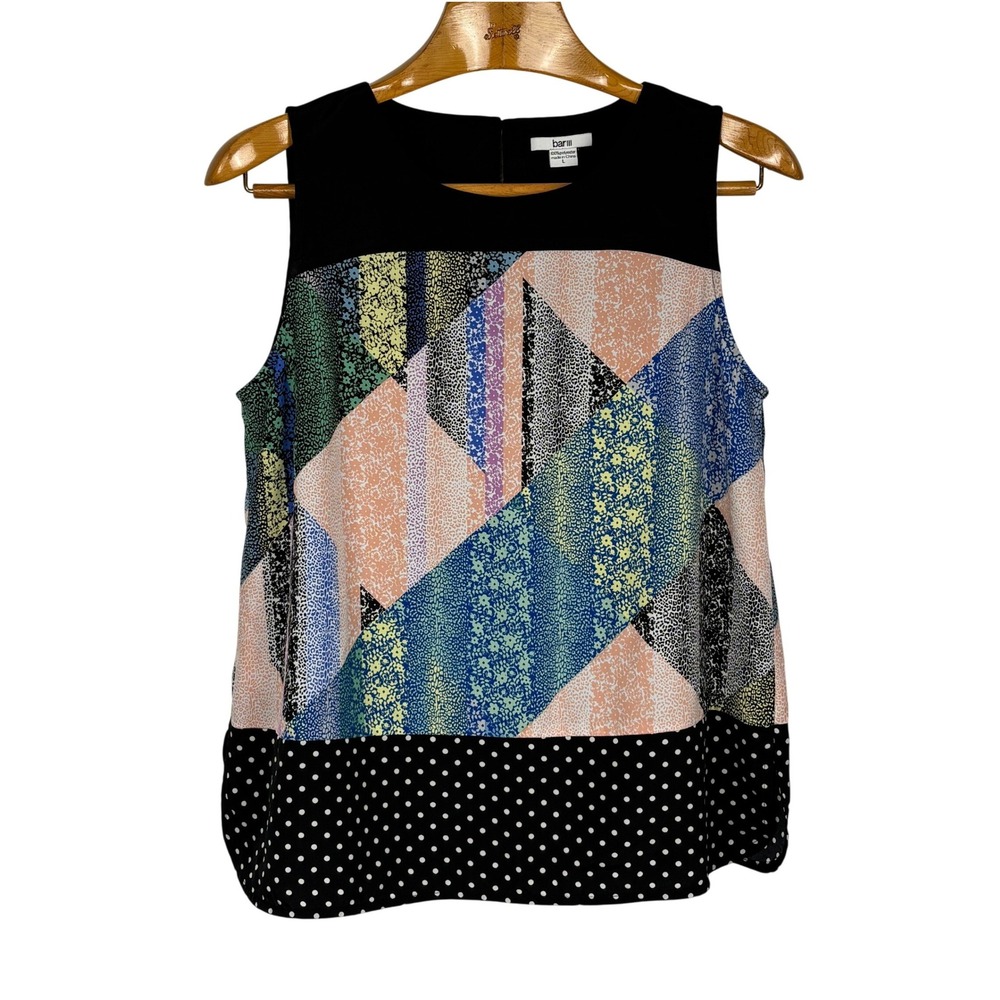 Bar‎ III Sleeveless Geometric Patchwork Blouse Size L Colorblock Polka Dot Top